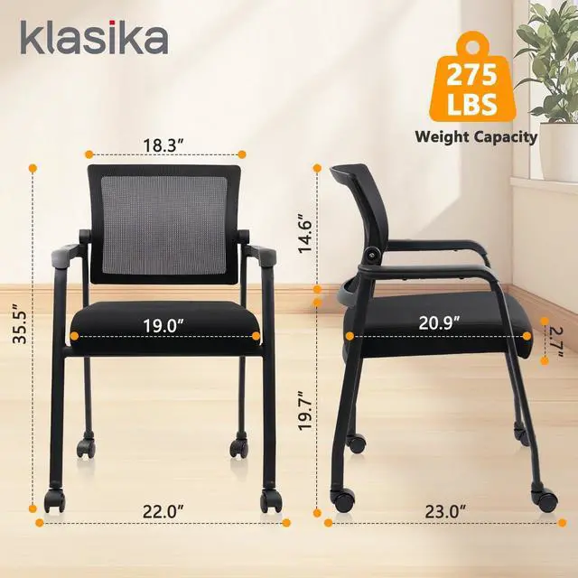 Alt view image 3 of 7 - KLASIKA Waiting Room Chairs with Wheels, Adjustable Mesh Backrest, Desk Chair with Ergonomic Lumbar Support and Thickened Seats Cushion, Black