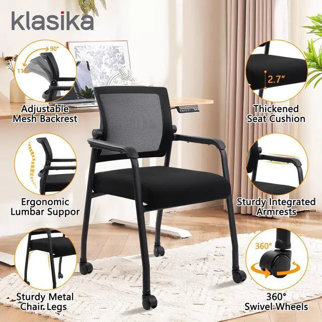 Alt view image 6 of 7 - KLASIKA Waiting Room Chairs with Wheels, Adjustable Mesh Backrest, Desk Chair with Ergonomic Lumbar Support and Thickened Seats Cushion, Black