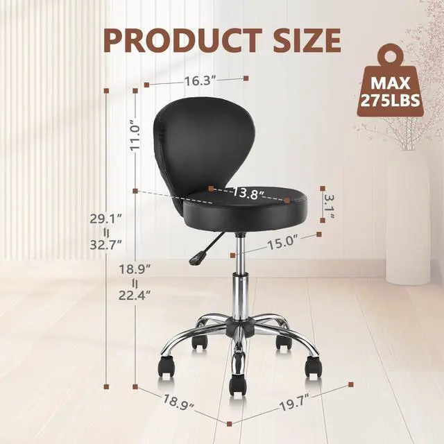 Alt view image 3 of 7 - Leather Rolling Swivel Salon Stool Chair with Back Support Adjustable Hydraulic Seat Height 22 in for Office Massage Facial Spa Medical Drafting Tattoo Beauty Barber
