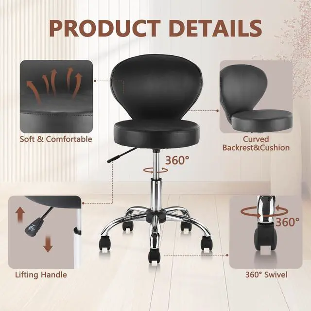 Alt view image 5 of 7 - Leather Rolling Swivel Salon Stool Chair with Back Support Adjustable Hydraulic Seat Height 22 in for Office Massage Facial Spa Medical Drafting Tattoo Beauty Barber