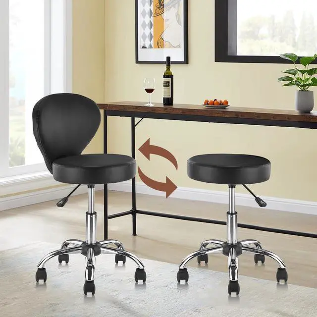 Alt view image 2 of 7 - Leather Rolling Swivel Salon Stool Chair with Back Support Adjustable Hydraulic Seat Height 22 in for Office Massage Facial Spa Medical Drafting Tattoo Beauty Barber