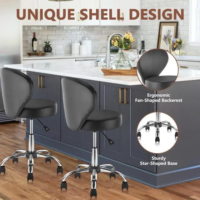 Alt view image 7 of 7 - Leather Rolling Swivel Salon Stool Chair with Back Support Adjustable Hydraulic Seat Height 22 in for Office Massage Facial Spa Medical Drafting Tattoo Beauty Barber