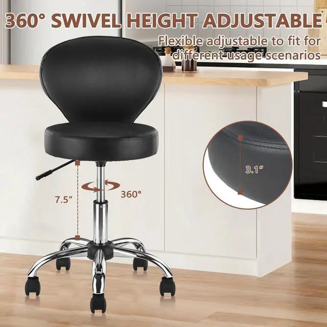 Alt view image 4 of 7 - Leather Rolling Swivel Salon Stool Chair with Back Support Adjustable Hydraulic Seat Height 22 in for Office Massage Facial Spa Medical Drafting Tattoo Beauty Barber