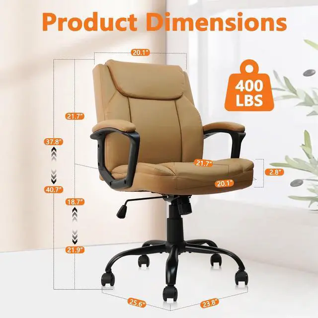 Alt view image 2 of 7 - CLATINA Brown Office Chair Computer Chairs PU Leather Executive Office Chairs Swivel Adjustable Height Chair with Upholstery Fixed armrest Mid-Back Leather Thick Cushion Office Chair Brown 1Pack
