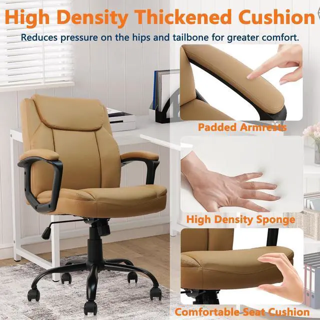 Alt view image 4 of 7 - CLATINA Brown Office Chair Computer Chairs PU Leather Executive Office Chairs Swivel Adjustable Height Chair with Upholstery Fixed armrest Mid-Back Leather Thick Cushion Office Chair Brown 1Pack