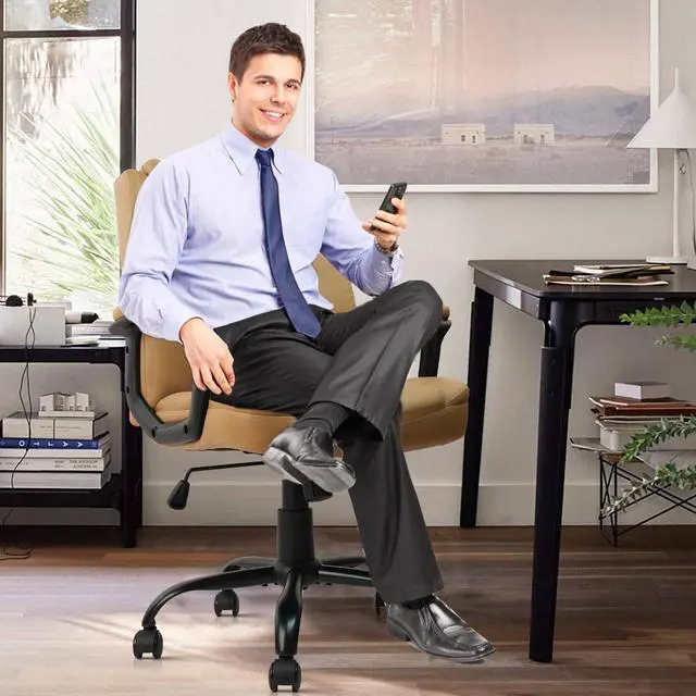 Alt view image 7 of 7 - CLATINA Brown Office Chair Computer Chairs PU Leather Executive Office Chairs Swivel Adjustable Height Chair with Upholstery Fixed armrest Mid-Back Leather Thick Cushion Office Chair Brown 1Pack