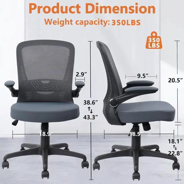 Alt view image 3 of 7 - CLATINA Desk Chairs with Wheels, Ergonomic Rolling Mesh Office Chair Adjustable Height and Lumbar Support Home Office Computer Chair with Flip Up Armrests, Grey
