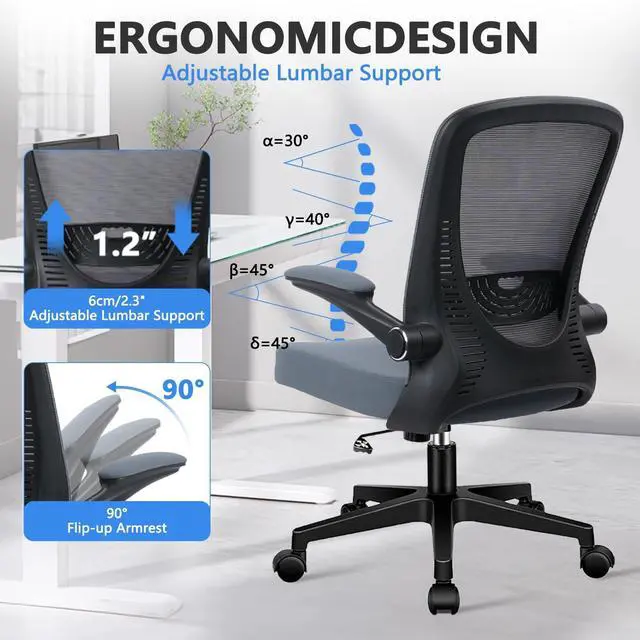 Alt view image 4 of 7 - CLATINA Desk Chairs with Wheels, Ergonomic Rolling Mesh Office Chair Adjustable Height and Lumbar Support Home Office Computer Chair with Flip Up Armrests, Grey