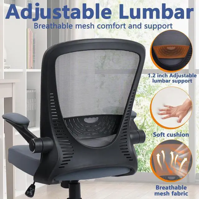Alt view image 6 of 7 - CLATINA Desk Chairs with Wheels, Ergonomic Rolling Mesh Office Chair Adjustable Height and Lumbar Support Home Office Computer Chair with Flip Up Armrests, Grey