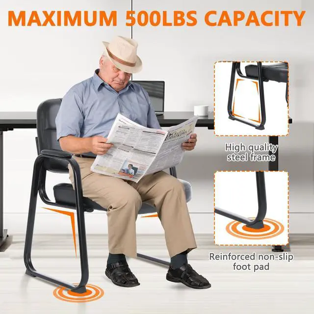 Alt view image 14 of 14 - CLATINA Big & Tall Waiting Room Guest Chair with Bonded Leather Padded Arm Rest and Sled Base for Office Reception Lobby and Conference Desk, Black