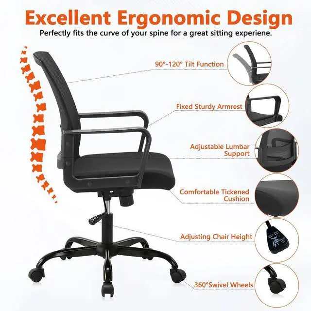 Alt view image 3 of 7 - CLATINA Office Chair, Mid Back Ergonomic Desk Chairs Rolling Mesh Computer Chair with Executive Lumbar Support and Height Adjustable Design for Home Office, Black