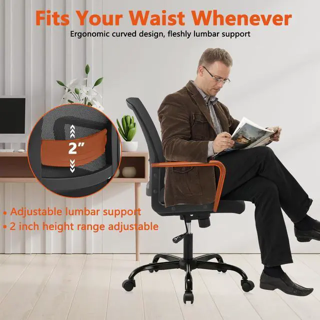 Alt view image 4 of 7 - CLATINA Office Chair, Mid Back Ergonomic Desk Chairs Rolling Mesh Computer Chair with Executive Lumbar Support and Height Adjustable Design for Home Office, Black