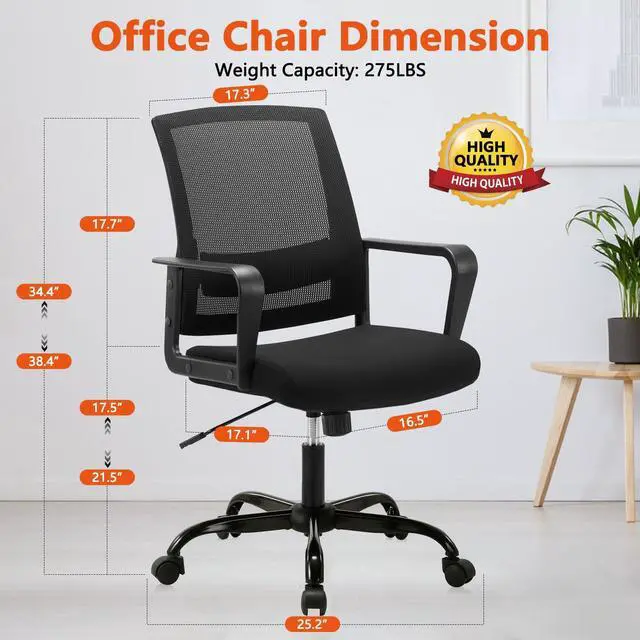 Alt view image 7 of 7 - CLATINA Office Chair, Mid Back Ergonomic Desk Chairs Rolling Mesh Computer Chair with Executive Lumbar Support and Height Adjustable Design for Home Office, Black