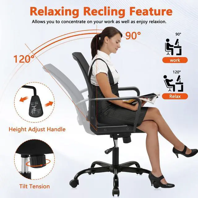 Alt view image 5 of 7 - CLATINA Office Chair, Mid Back Ergonomic Desk Chairs Rolling Mesh Computer Chair with Executive Lumbar Support and Height Adjustable Design for Home Office, Black