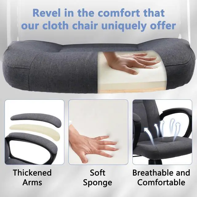 Alt view image 3 of 7 - CLATINA Grey Cloth Breathable Fabric Office Desk Chair, Adjustable Height Mid Back Support Swivel Chairs Ergonomic with Arms and Wheels Comfortable Upholstered,300 LBS