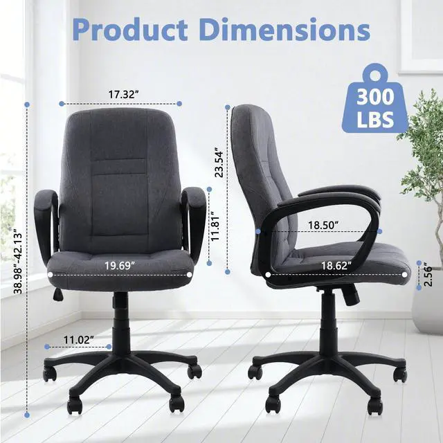 Alt view image 2 of 7 - CLATINA Grey Cloth Breathable Fabric Office Desk Chair, Adjustable Height Mid Back Support Swivel Chairs Ergonomic with Arms and Wheels Comfortable Upholstered,300 LBS