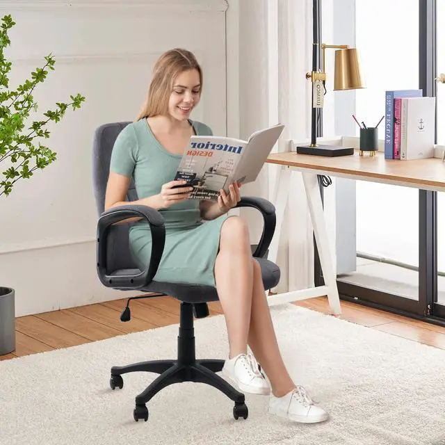 Alt view image 4 of 7 - CLATINA Grey Cloth Breathable Fabric Office Desk Chair, Adjustable Height Mid Back Support Swivel Chairs Ergonomic with Arms and Wheels Comfortable Upholstered,300 LBS