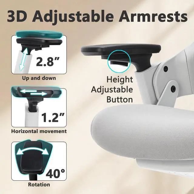 Alt view image 5 of 7 - CLATINA Office Chair Swivel Executive Chair, Adjustable Ergonomic Computer Chair with 3D Armrest and Lumbar Support, Mesh Backrest Task Chair for Home Office Conference Room Grey