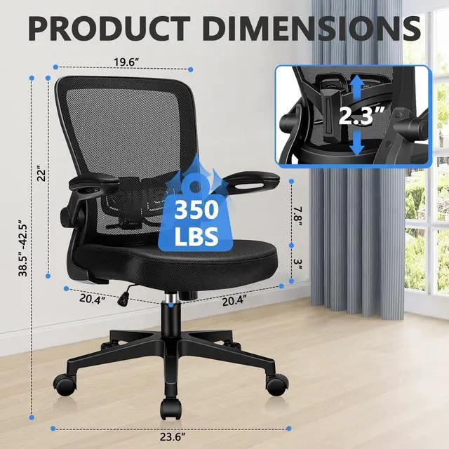 Alt view image 2 of 7 - Desk Chairs with Wheels, Ergonomic Mesh Office Chair Adjustable Height and Swivel Lumbar Support Home Office Chair with Flip Up Armrests (1PK)
