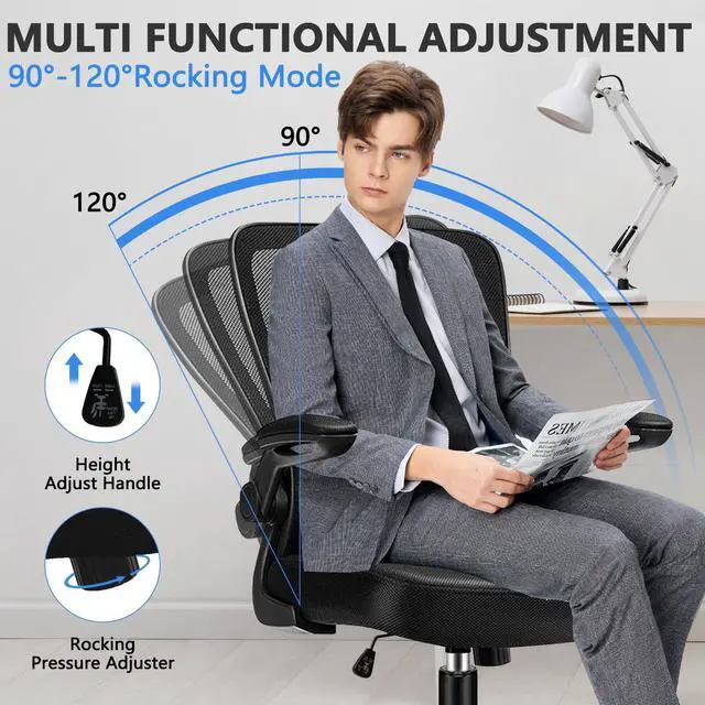 Alt view image 4 of 7 - Desk Chairs with Wheels, Ergonomic Mesh Office Chair Adjustable Height and Swivel Lumbar Support Home Office Chair with Flip Up Armrests (1PK)