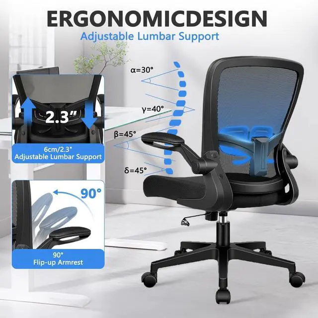 Alt view image 3 of 7 - Desk Chairs with Wheels, Ergonomic Mesh Office Chair Adjustable Height and Swivel Lumbar Support Home Office Chair with Flip Up Armrests (1PK)