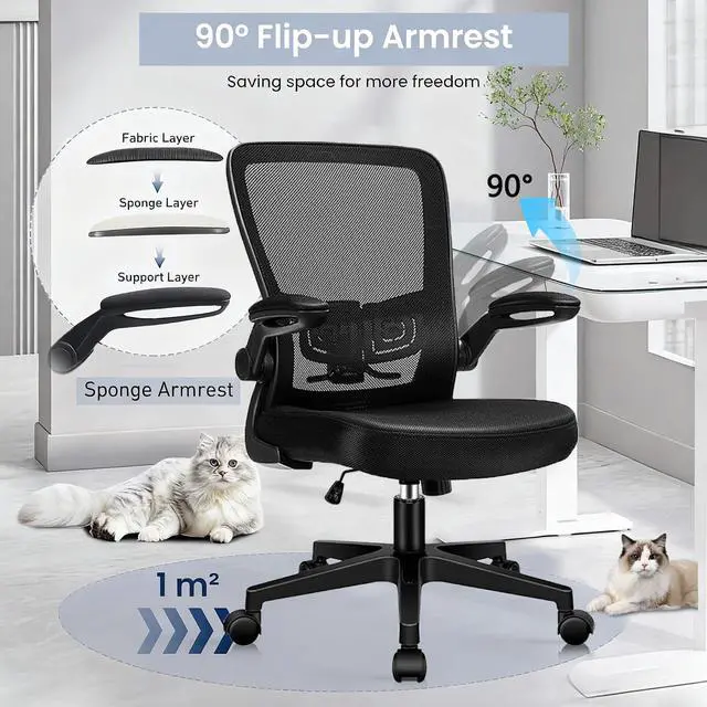 Alt view image 6 of 7 - Desk Chairs with Wheels, Ergonomic Mesh Office Chair Adjustable Height and Swivel Lumbar Support Home Office Chair with Flip Up Armrests (1PK)