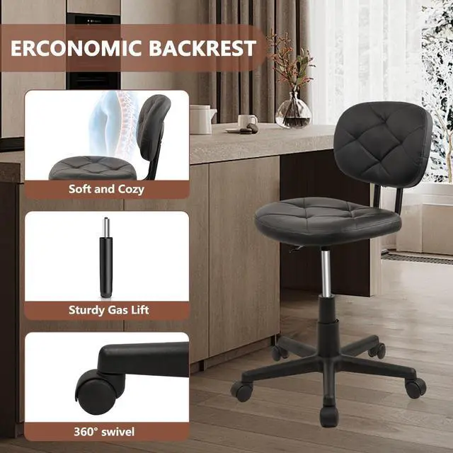 Alt view image 3 of 7 - Round Rolling Stool with Adjustable Height and Pu Leather Backrest Swivel Stool Chair for Salon Tattoo Work Office Massage Black