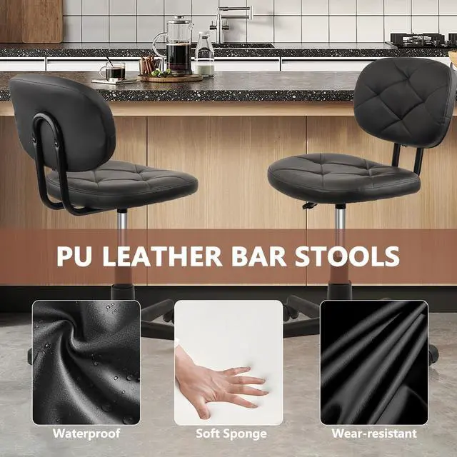 Alt view image 4 of 7 - Round Rolling Stool with Adjustable Height and Pu Leather Backrest Swivel Stool Chair for Salon Tattoo Work Office Massage Black