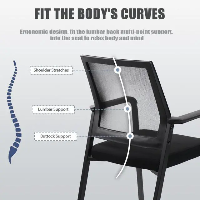 Alt view image 5 of 7 - KLASIKA Desk Chair No Wheels, Arm Chair with Ergonomic Lumbar Support and Thickened Seats Cushion, Waiting Room Chairs for Office School Church Guest Reception, Black