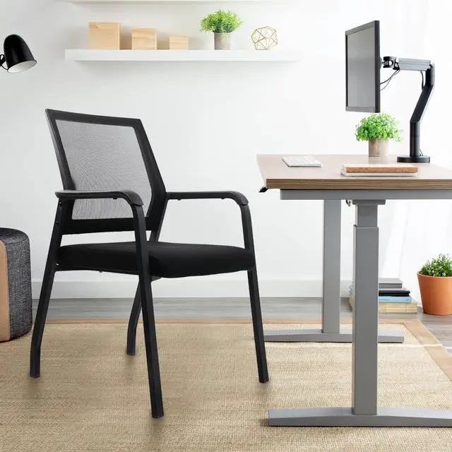 Alt view image 2 of 7 - KLASIKA Desk Chair No Wheels, Arm Chair with Ergonomic Lumbar Support and Thickened Seats Cushion, Waiting Room Chairs for Office School Church Guest Reception, Black