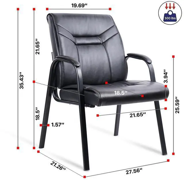 Alt view image 3 of 7 - CLATINA Heavy Duty Guest Chairs with Arms, Big and Tall Wide Leather 500 LBS Reception Chairs Without Wheels, Ergonomic Executive Bariatric Lobby Chair, Black