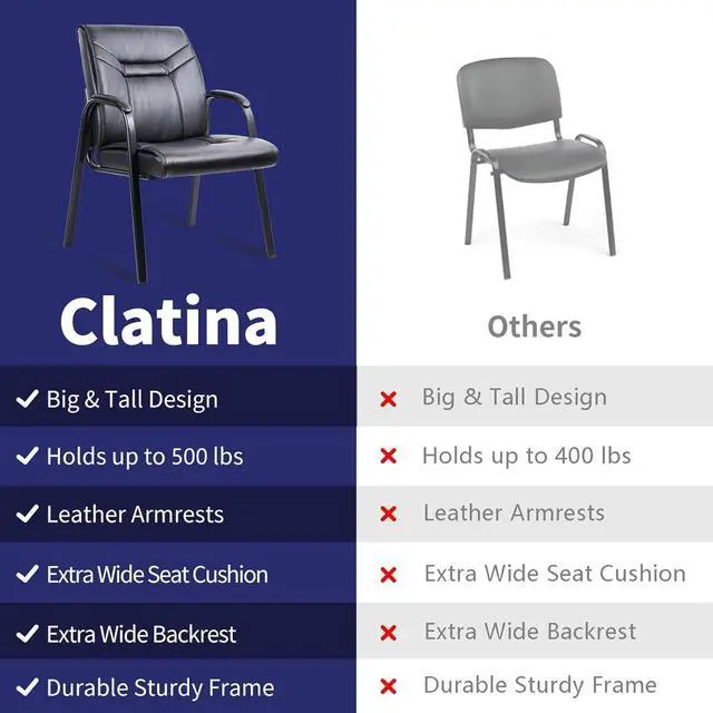 Alt view image 7 of 7 - CLATINA Heavy Duty Guest Chairs with Arms, Big and Tall Wide Leather 500 LBS Reception Chairs Without Wheels, Ergonomic Executive Bariatric Lobby Chair, Black
