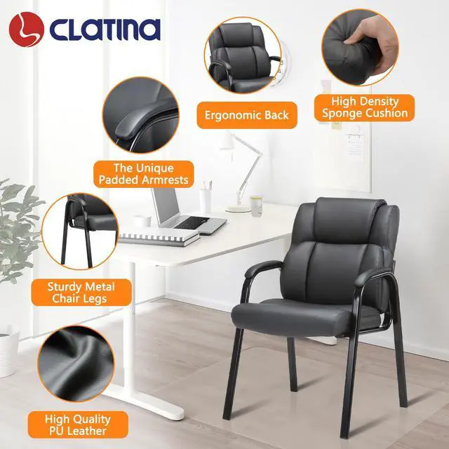 Alt view image 3 of 7 - CLATINA Leather Guest Chair with Padded Arm Rest for Reception Meeting Conference and Waiting Room Side Office Home Black 2 Pack