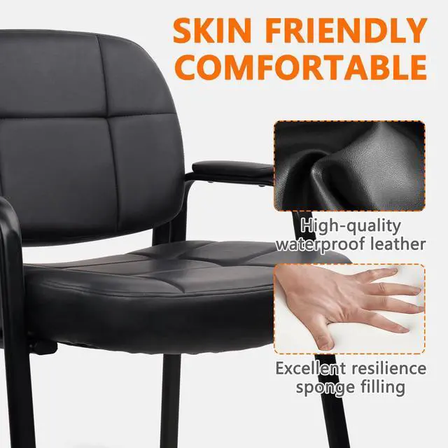 Alt view image 4 of 7 - CLATINA Big & Tall 500 lbs Leather Office Reception Chair No Wheels with Padded Arms, Waiting Room Guest Chair for Elderly Home Desk Conference Room Lobby Side Salon Clinic, Black