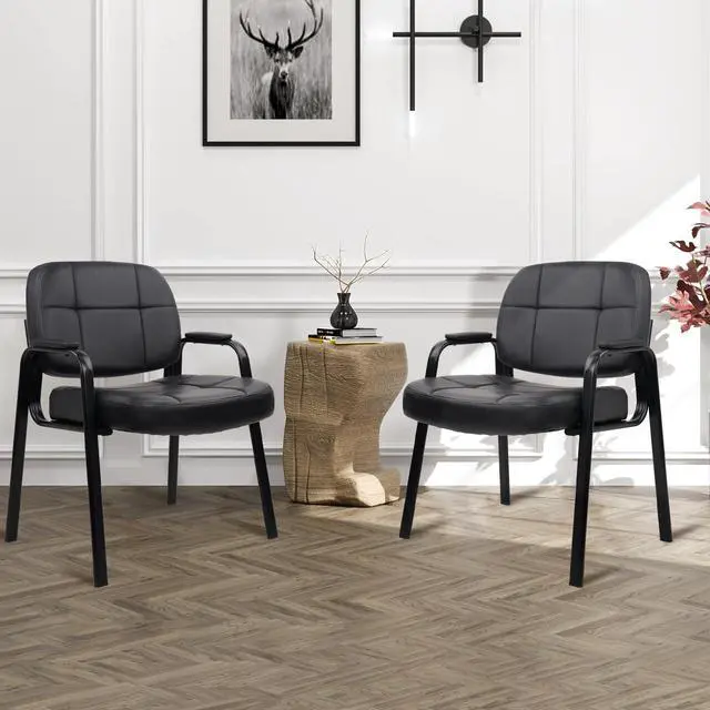 Alt view image 2 of 7 - CLATINA Big & Tall 500 lbs Leather Office Reception Chair No Wheels with Padded Arms, Waiting Room Guest Chair for Elderly Home Desk Conference Room Lobby Side Salon Clinic, Black