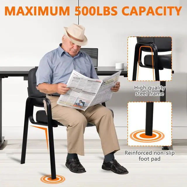 Alt view image 3 of 7 - CLATINA Big & Tall 500 lbs Leather Office Reception Chair No Wheels with Padded Arms, Waiting Room Guest Chair for Elderly Home Desk Conference Room Lobby Side Salon Clinic, Black