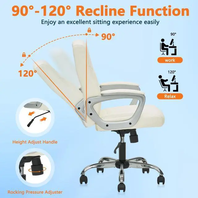 Alt view image 10 of 14 - CLATINA Leather Office Executive Chair, Mid Back Computer Desk Chair with Lumbar Support and Padded Armrests, Ergonomic Adjustable Swivel Chair for Home, White