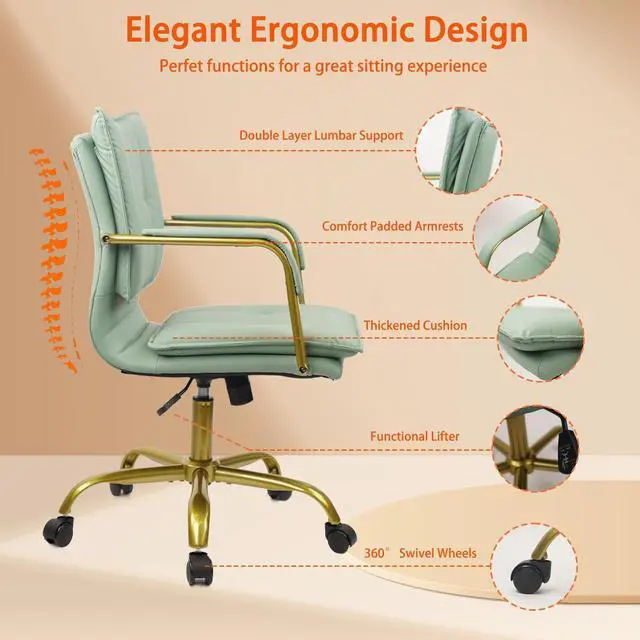 Alt view image 6 of 7 - CLATINA Leather Home Office Desk Chairs, Swivel Mid-Back Computer Chair with Golden Legs and Arms, Comfy Upholstered Task Chair with Wheels, Green