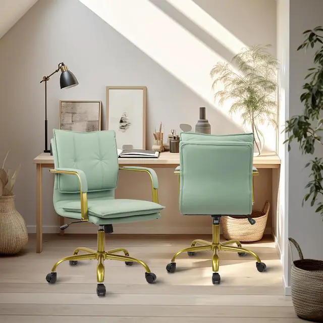 Alt view image 3 of 7 - CLATINA Leather Home Office Desk Chairs, Swivel Mid-Back Computer Chair with Golden Legs and Arms, Comfy Upholstered Task Chair with Wheels, Green