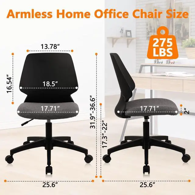 Alt view image 7 of 7 - CLATINA Armless Home Office Chair, Desk Chair with Wheels, Adjustable Height Reading Chairs, Small Swivel Computer Chair, Comfy Upholstered Task Chair for Office Meeting, Black
