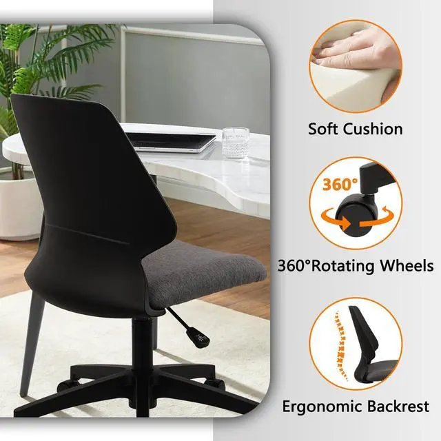 Alt view image 3 of 7 - CLATINA Armless Home Office Chair, Desk Chair with Wheels, Adjustable Height Reading Chairs, Small Swivel Computer Chair, Comfy Upholstered Task Chair for Office Meeting, Black