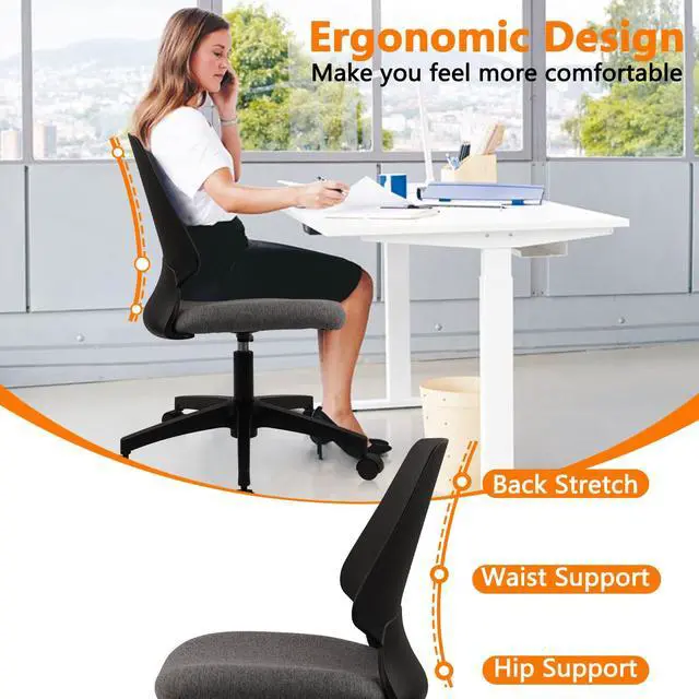 Alt view image 6 of 7 - CLATINA Armless Home Office Chair, Desk Chair with Wheels, Adjustable Height Reading Chairs, Small Swivel Computer Chair, Comfy Upholstered Task Chair for Office Meeting, Black