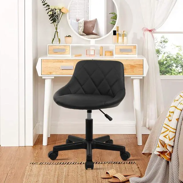 Main image of KLASIKA Low Back Rolling Stool PU Leather Vanity Stools, Adjustable Height Ergonomic Swivel Rolling Desk Stool Work Office Swivel Chair, Makeup Salon Spa Stools, Black