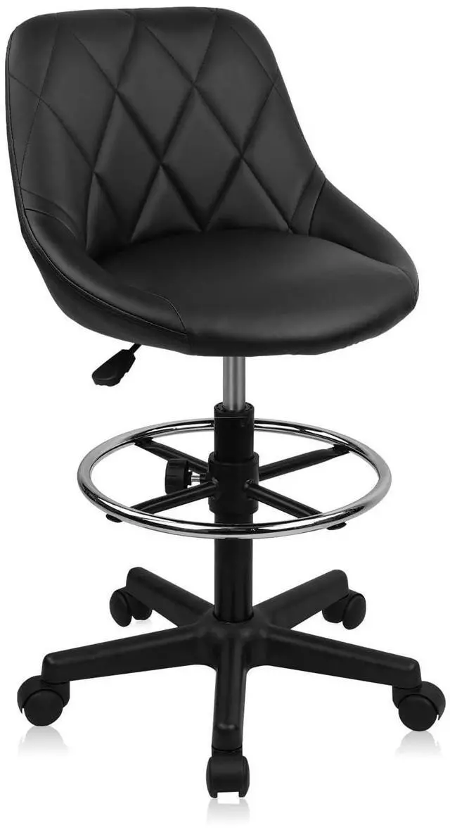 Main image of KLASIKA Adjustable Drafting Chair with Backrest & Wheels, Tall Swivel Rolling Stool with Height Adjustable Footrest, PU Leather Ergonomic Office Desk Chair for Workshop Home Kitchen Sewing, Black