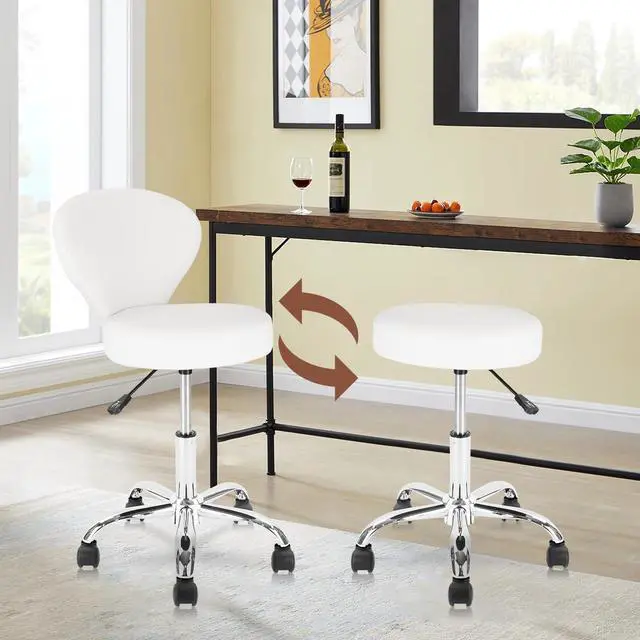 Alt view image 3 of 7 - KLASIKA Leather Rolling Swivel Salon Stool Chair with Back Support Adjustable Hydraulic Seat Height 22 in for Office Massage Facial Spa Medical Drafting Tattoo Beauty Barber, White