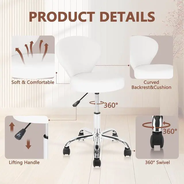 Alt view image 4 of 7 - KLASIKA Leather Rolling Swivel Salon Stool Chair with Back Support Adjustable Hydraulic Seat Height 22 in for Office Massage Facial Spa Medical Drafting Tattoo Beauty Barber, White