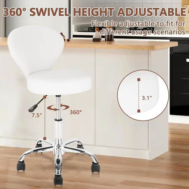 Alt view image 5 of 7 - KLASIKA Leather Rolling Swivel Salon Stool Chair with Back Support Adjustable Hydraulic Seat Height 22 in for Office Massage Facial Spa Medical Drafting Tattoo Beauty Barber, White
