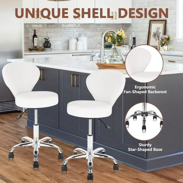 Alt view image 6 of 7 - KLASIKA Leather Rolling Swivel Salon Stool Chair with Back Support Adjustable Hydraulic Seat Height 22 in for Office Massage Facial Spa Medical Drafting Tattoo Beauty Barber, White