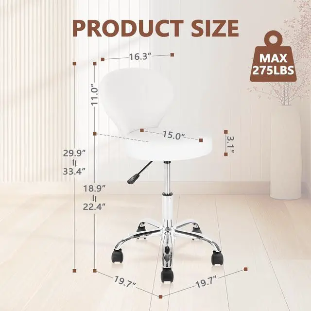 Alt view image 7 of 7 - KLASIKA Leather Rolling Swivel Salon Stool Chair with Back Support Adjustable Hydraulic Seat Height 22 in for Office Massage Facial Spa Medical Drafting Tattoo Beauty Barber, White