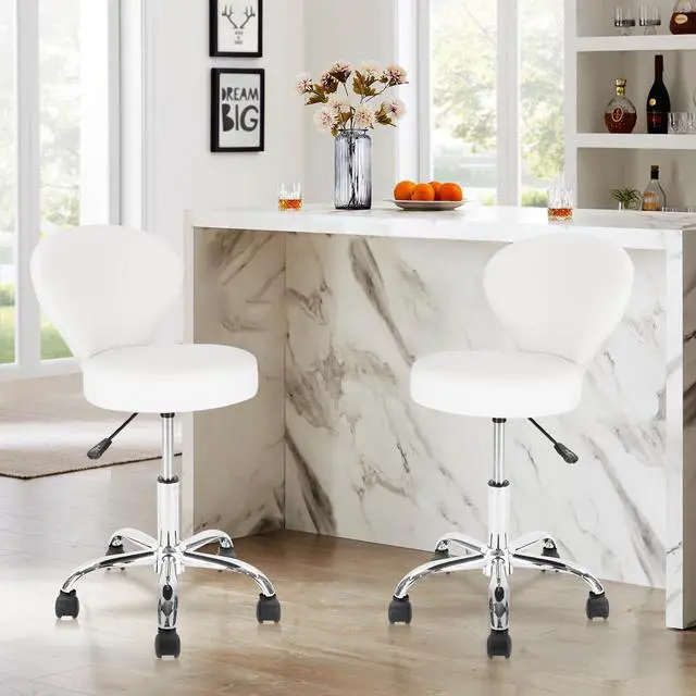 Alt view image 2 of 7 - KLASIKA Leather Rolling Swivel Salon Stool Chair with Back Support Adjustable Hydraulic Seat Height 22 in for Office Massage Facial Spa Medical Drafting Tattoo Beauty Barber, White